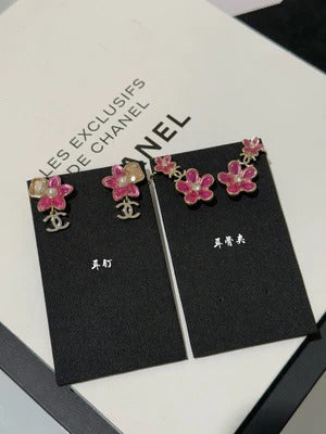 Chanel Pink Flower Crystal Rhinestone Double C Earrings