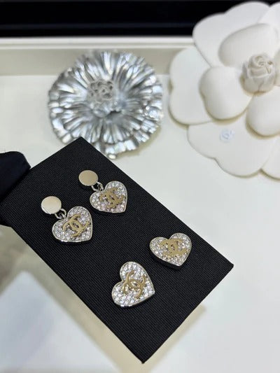 Chanel 2026 Double C Full Diamond Heart Pendant Button Earrings
