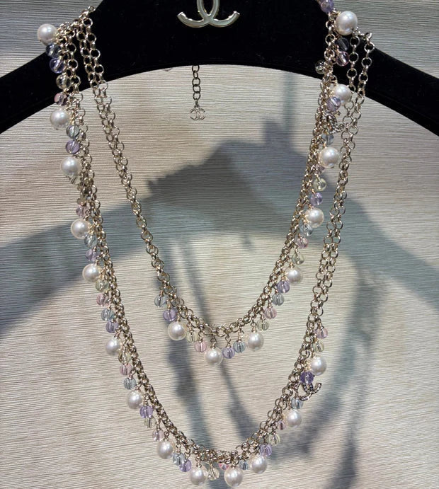 CC 2026 Colored Crystal Pearl Double C Long Necklace