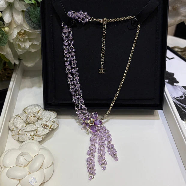 CC 2026 Double C Light Purple Beaded Asymmetrical Flower Necklace