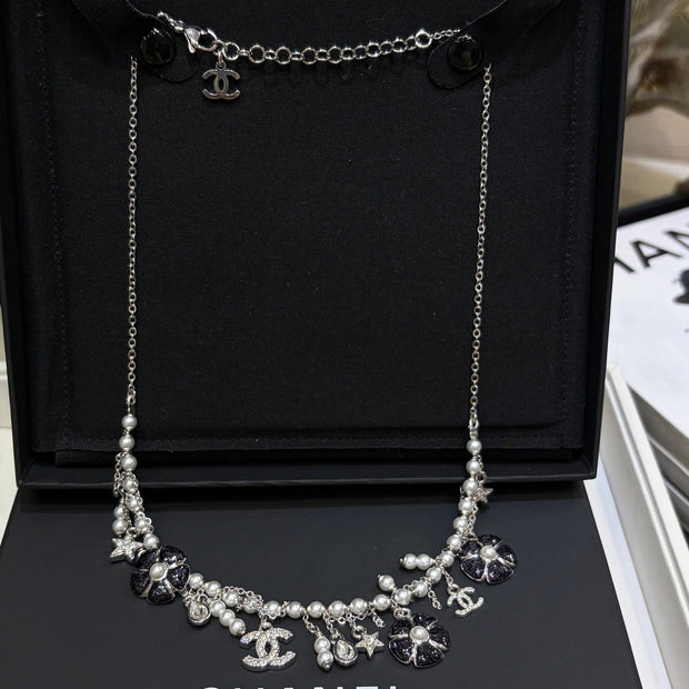 CC 2026 Silver Double C Black Flower Pearl Tassel Necklace