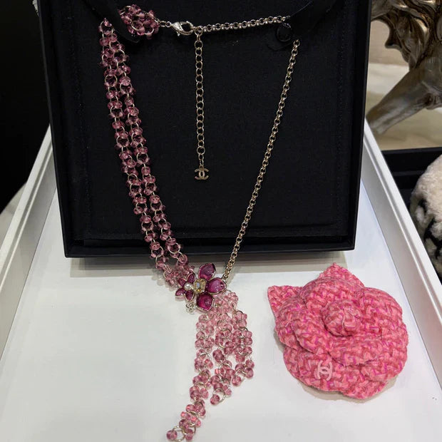 CC 2026 Double C Pink Beaded Asymmetrical Flower Necklace