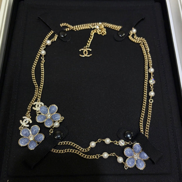CC 2026 Gold Double C Denim Flower Enamel Necklace