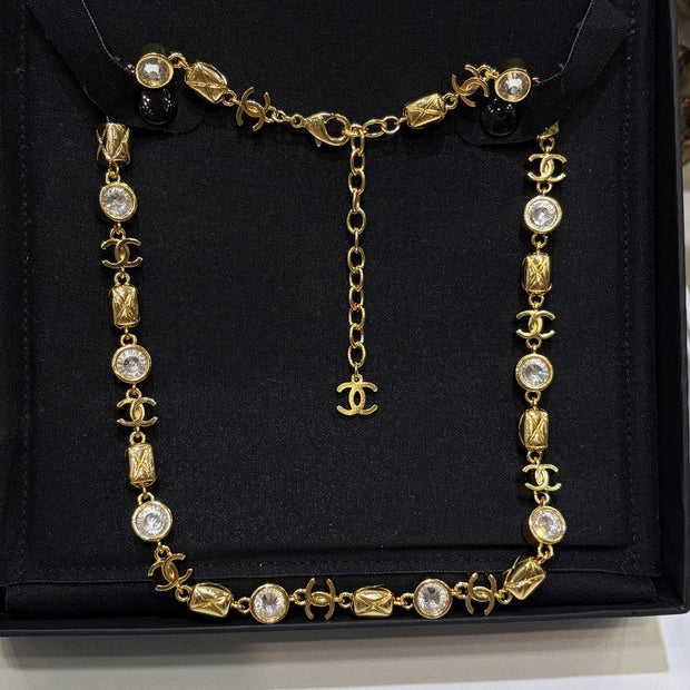 CC 2026 Gold Double C Diamond Pattern Crystal Necklace