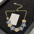 CC 2026 Denim Enamel Crystal Light Gold Double C Full Diamond Flower Pearl Necklace