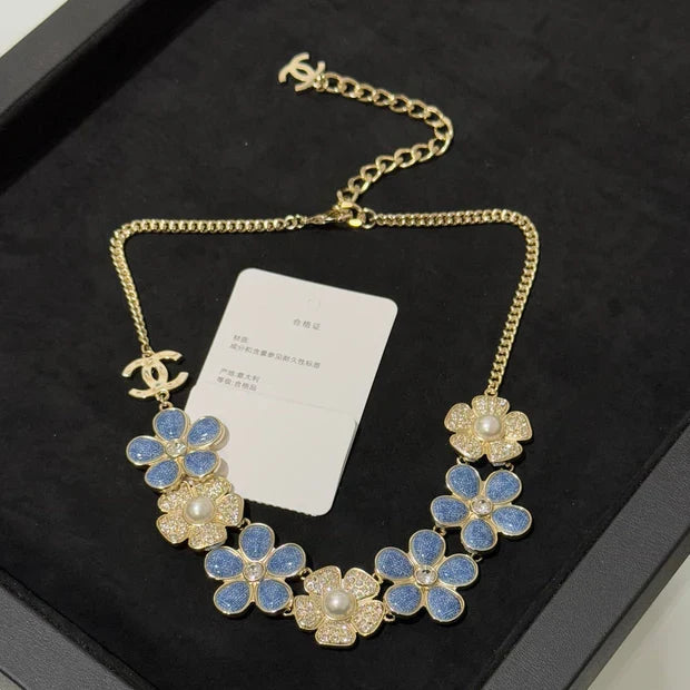 CC 2026 Denim Enamel Crystal Light Gold Double C Full Diamond Flower Pearl Necklace