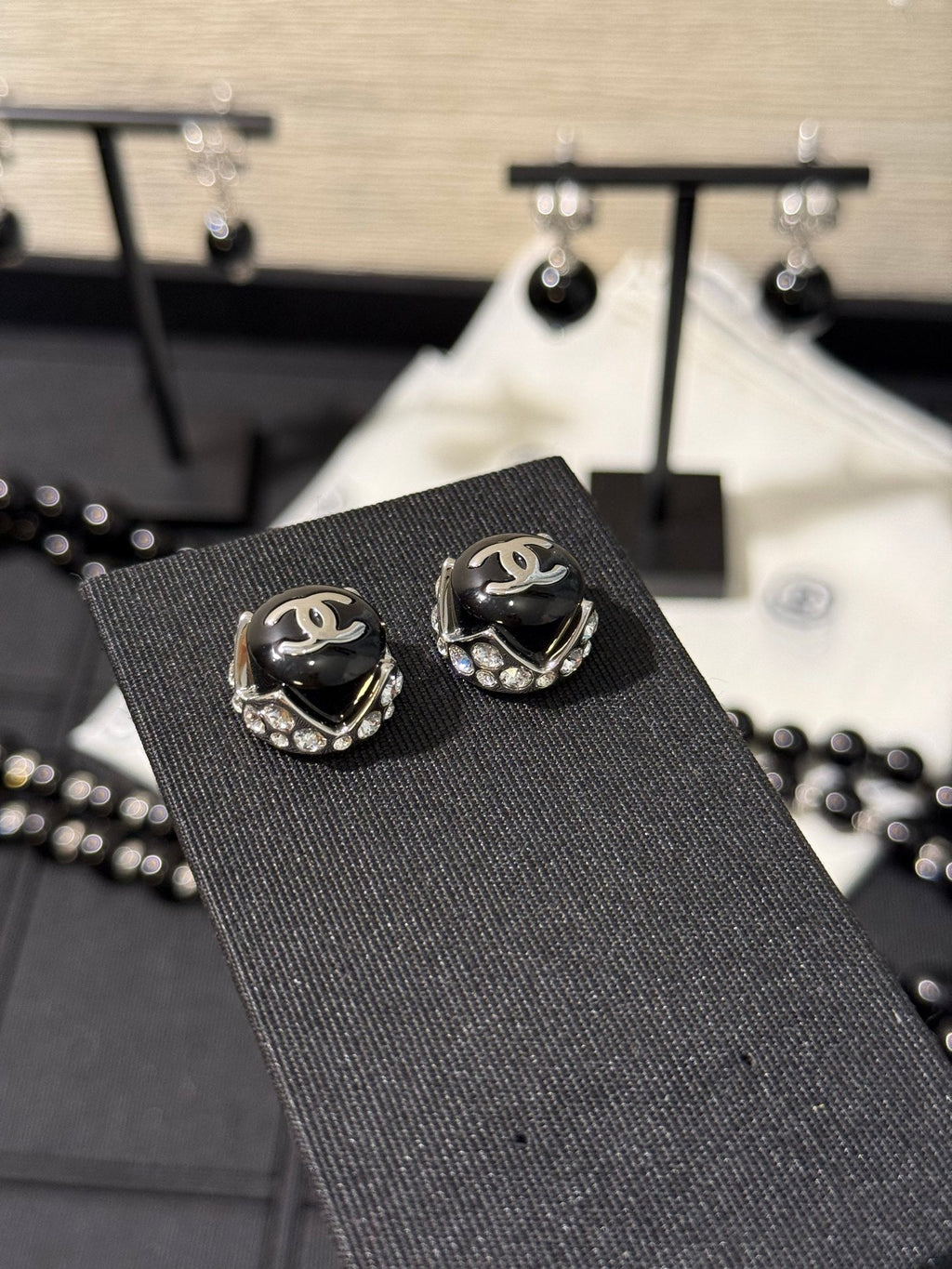 Chanel 2026 Black Enamel Bead Silver Double C Rhinestone Stud Earrings