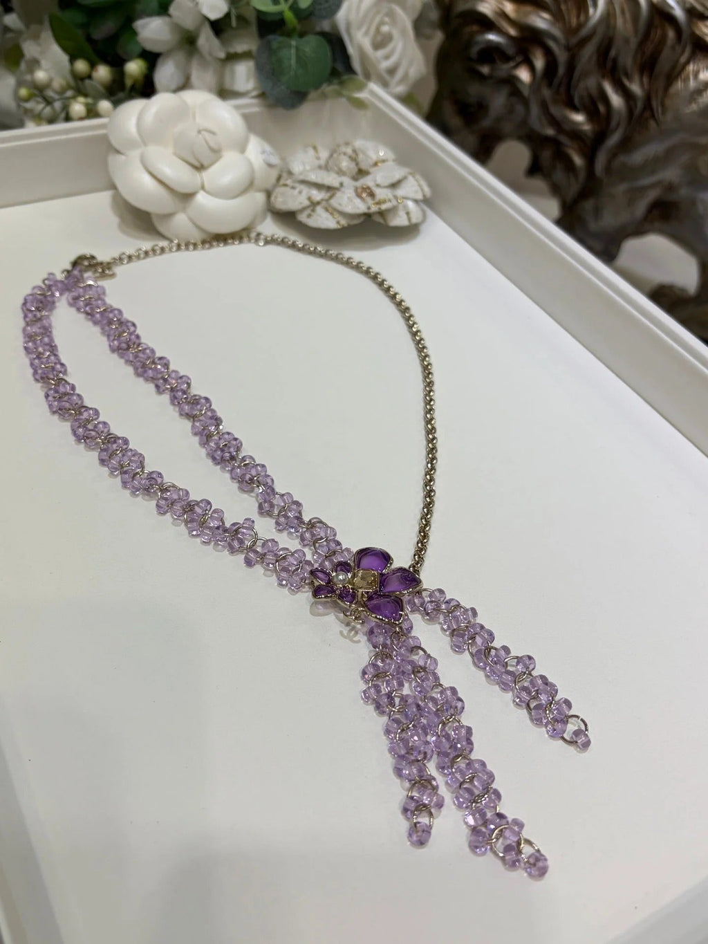 CC 2026 Double C Light Purple Beaded Asymmetrical Flower Necklace