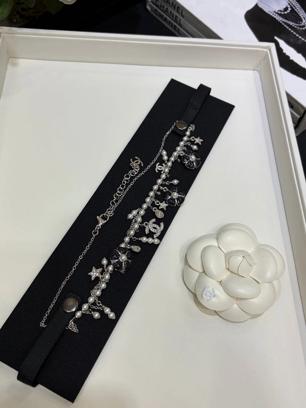 CC 2026 Silver Double C Black Flower Pearl Tassel Necklace