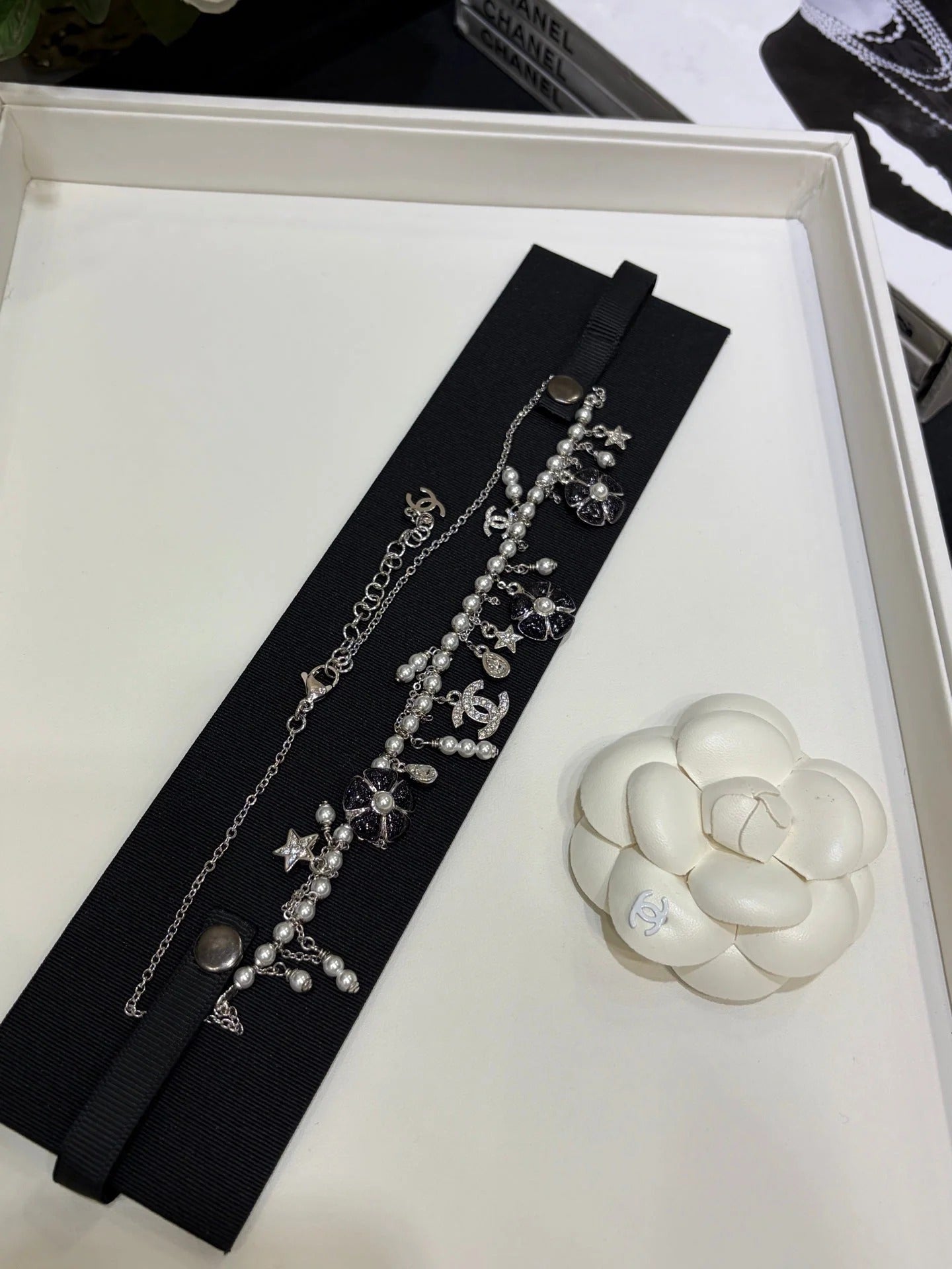 CC 2026 Silver Double C Black Flower Pearl Tassel Necklace