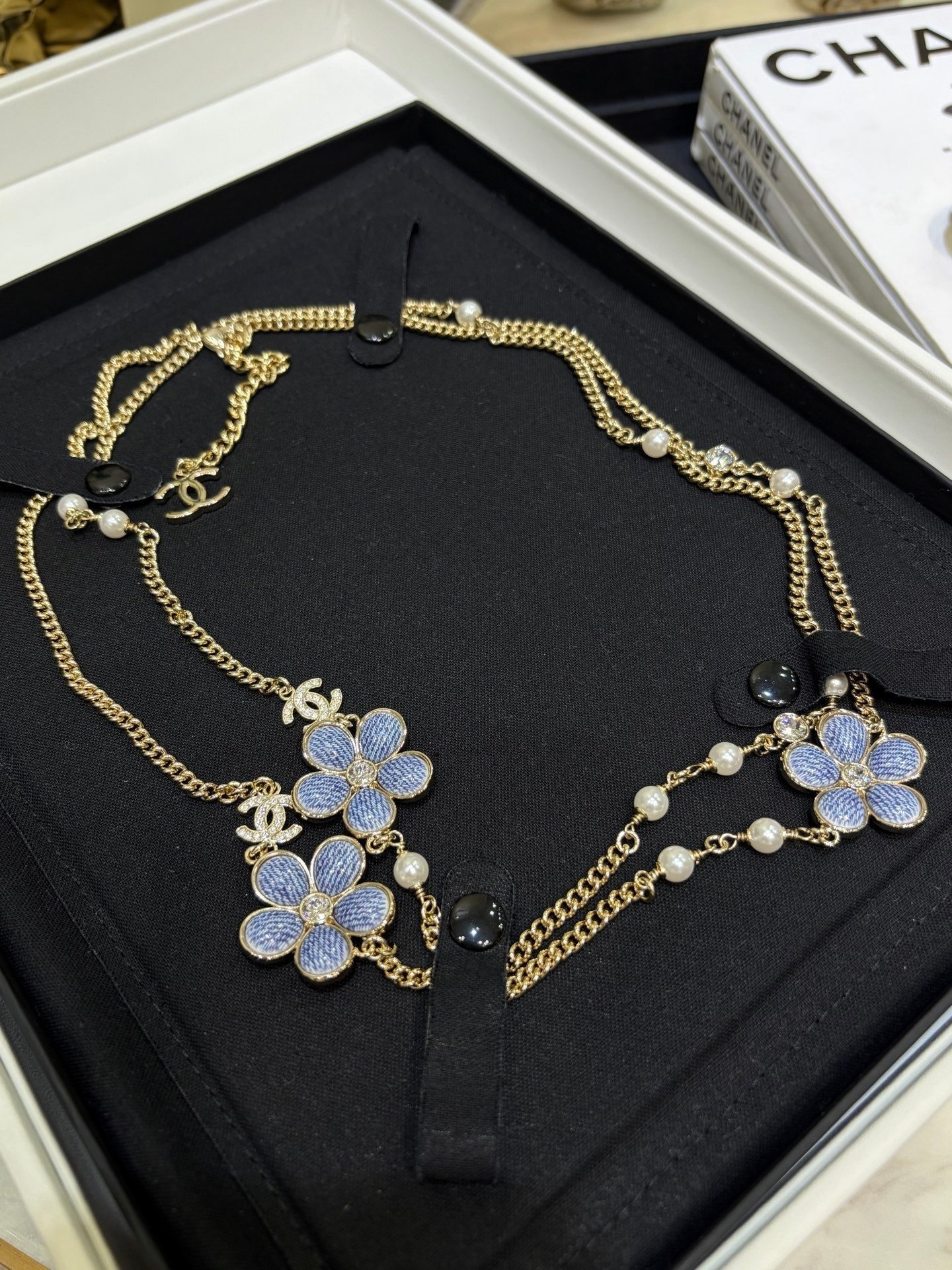CC 2026 Gold Double C Denim Flower Enamel Necklace