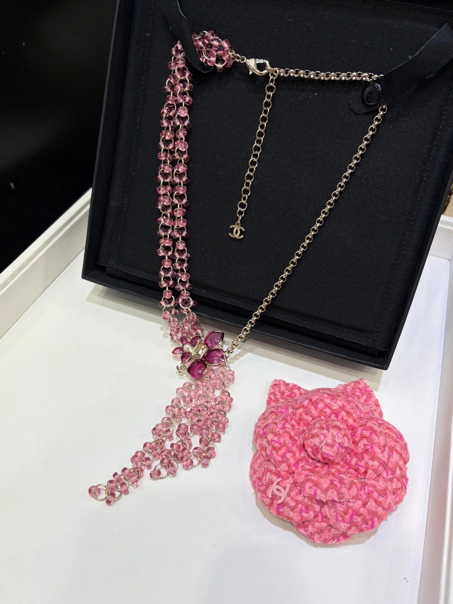 CC 2026 Double C Pink Beaded Asymmetrical Flower Necklace