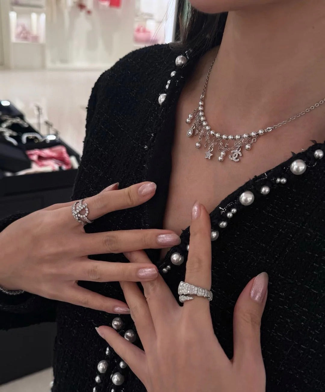 CC 2026 Silver Full Diamond Double C Star Teardrop Tassel Necklace