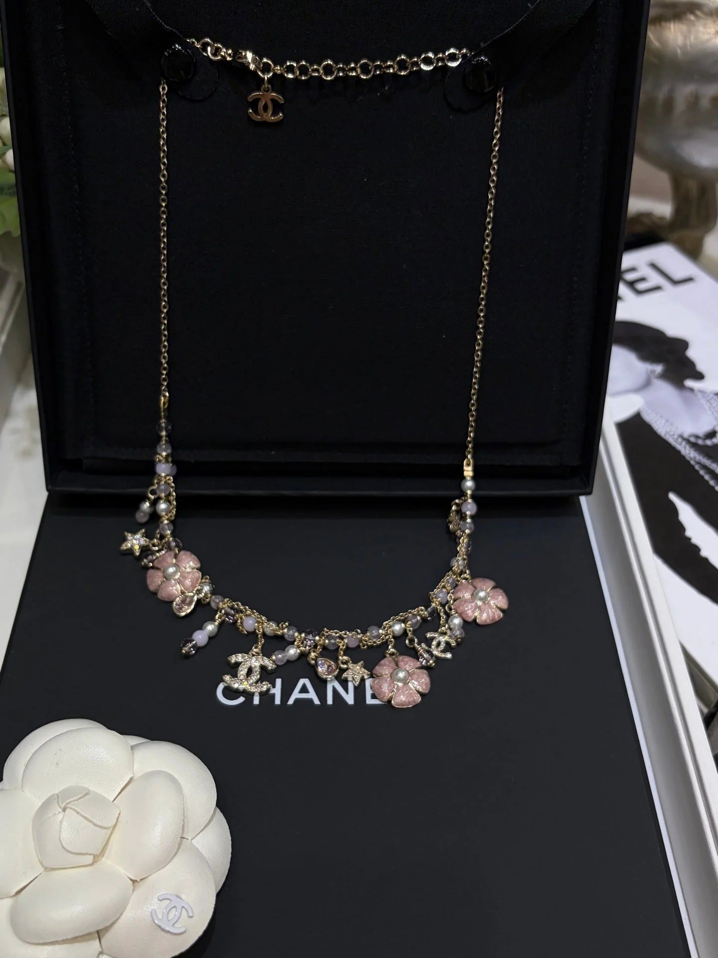 CC 2026 Light Gold Double C Pink Flower Pearl Tassel Necklace