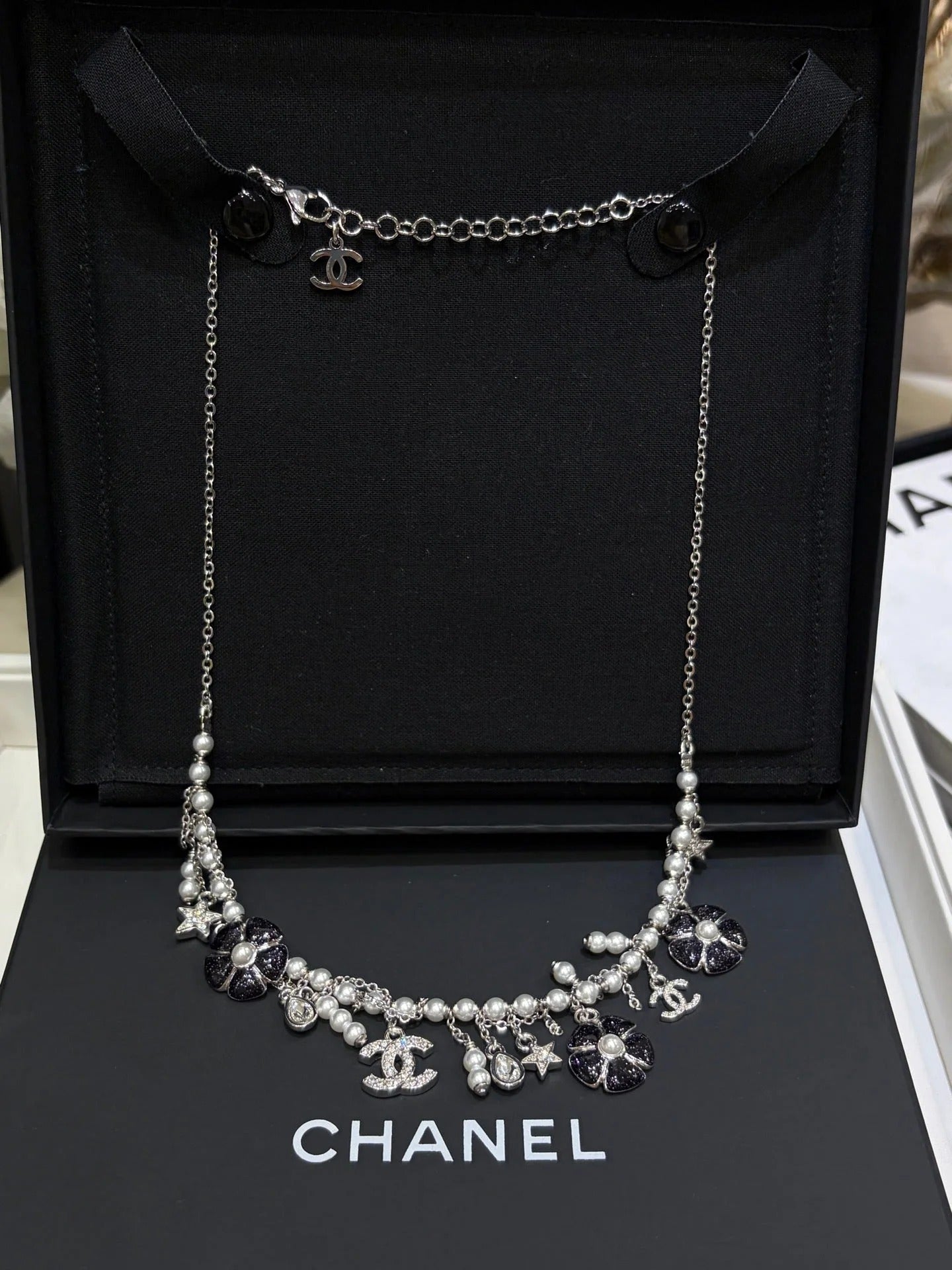 CC 2026 Silver Double C Black Flower Pearl Tassel Necklace