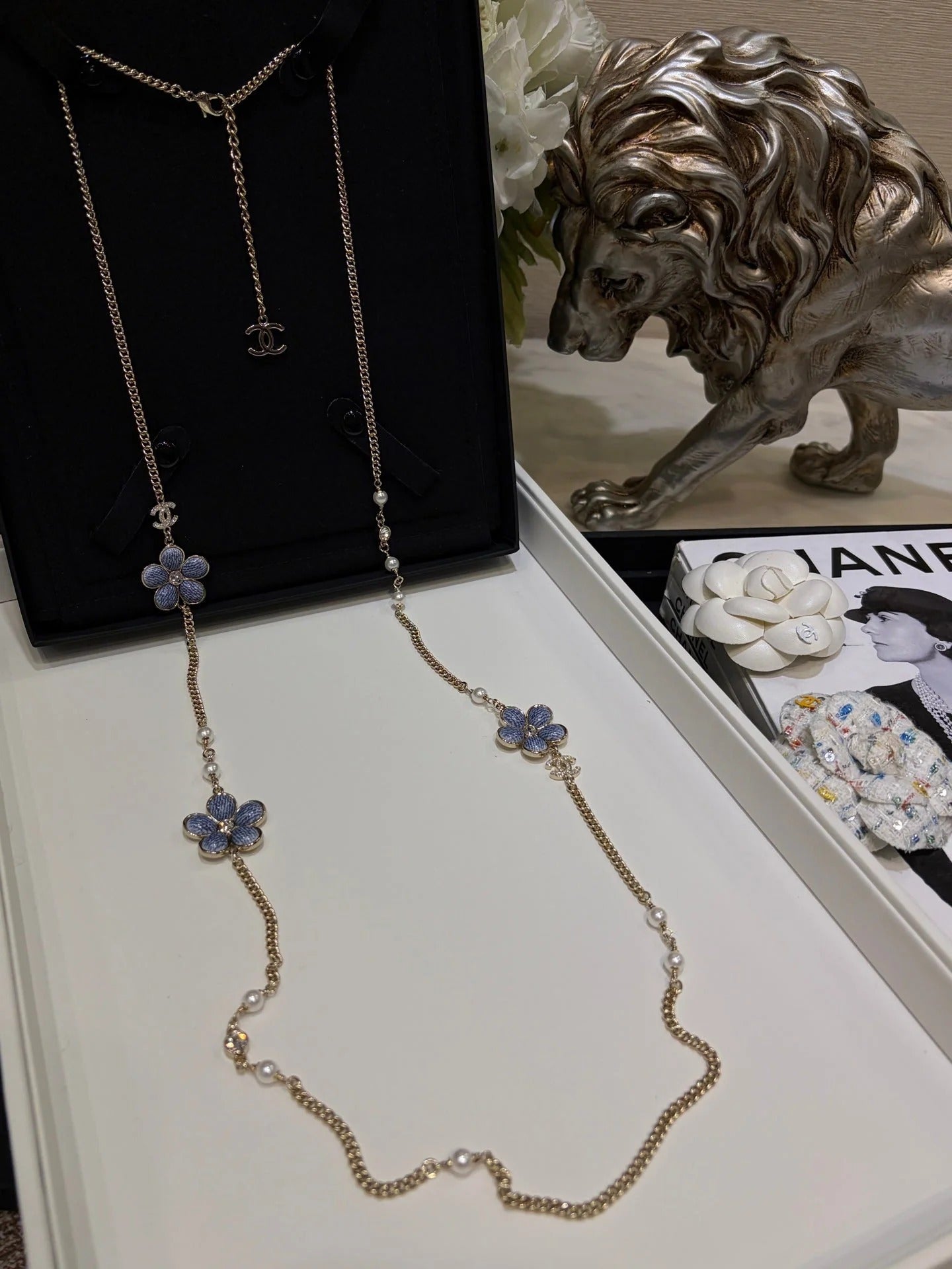 CC 2026 Gold Double C Denim Flower Enamel Necklace
