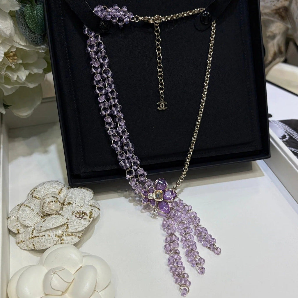 CC 2026 Double C Light Purple Beaded Asymmetrical Flower Necklace