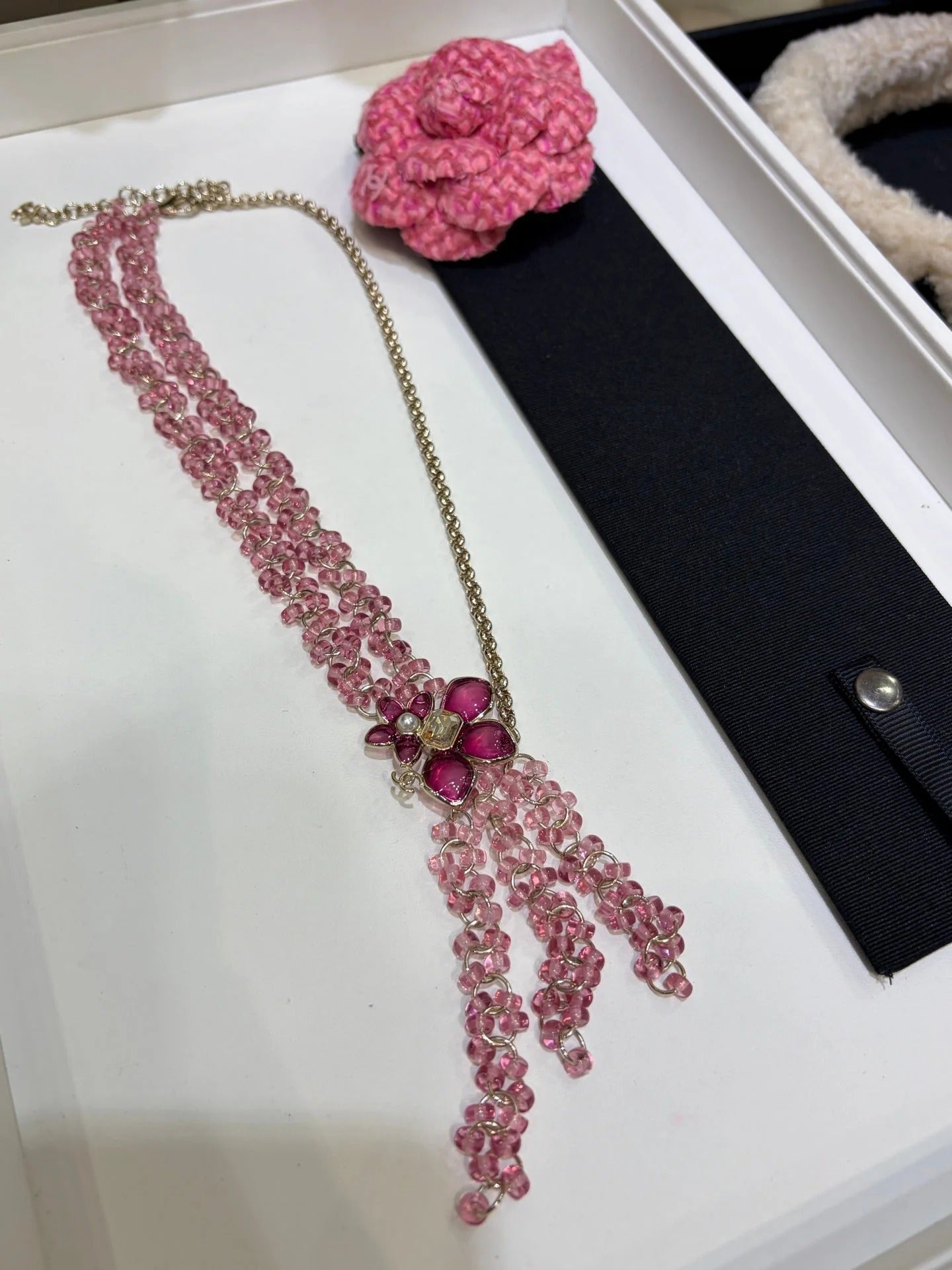 CC 2026 Double C Pink Beaded Asymmetrical Flower Necklace