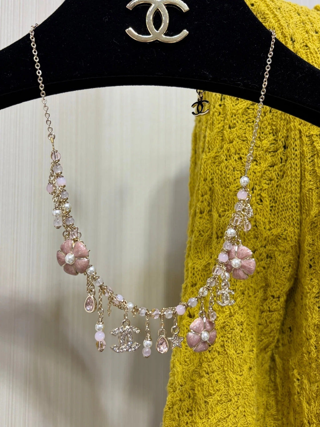 CC 2026 Light Gold Double C Pink Flower Pearl Tassel Necklace