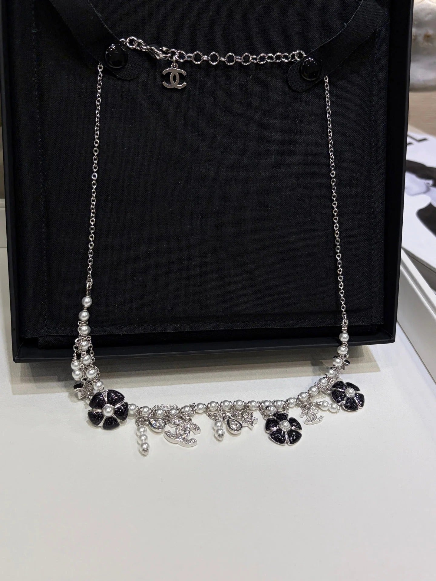 CC 2026 Silver Double C Black Flower Pearl Tassel Necklace