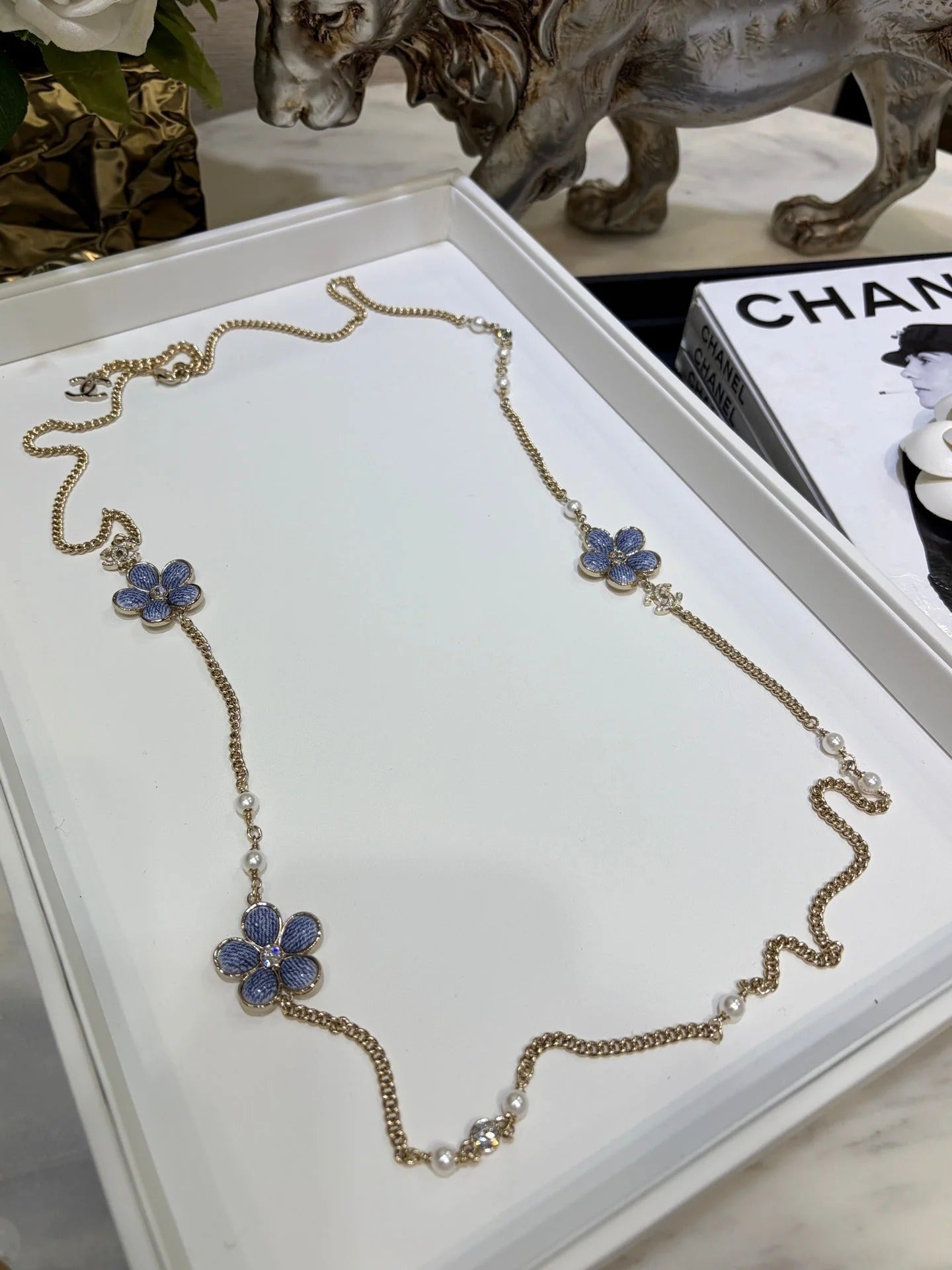 CC 2026 Gold Double C Denim Flower Enamel Necklace