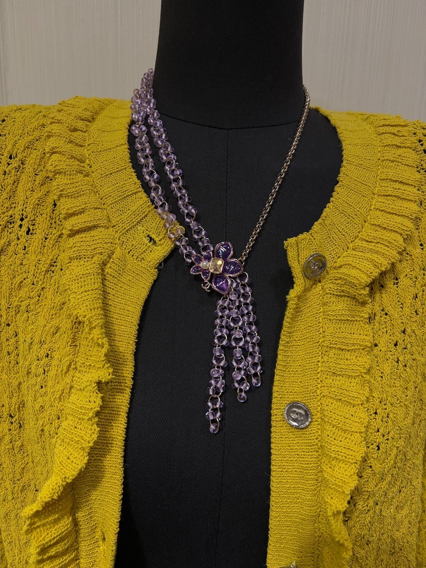 CC 2026 Double C Light Purple Beaded Asymmetrical Flower Necklace