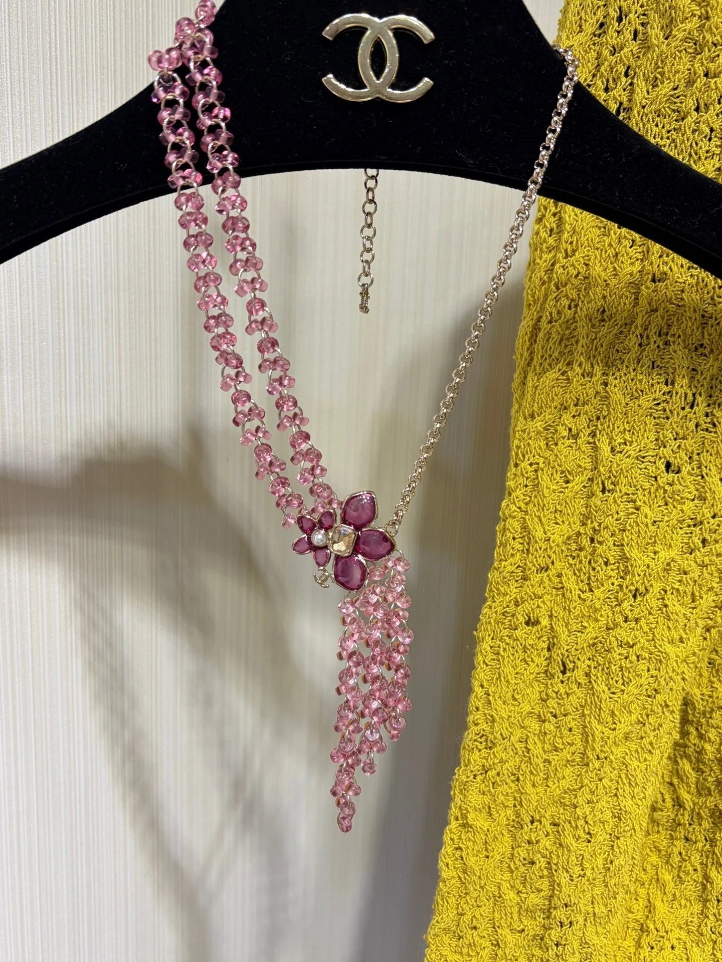 CC 2026 Double C Pink Beaded Asymmetrical Flower Necklace