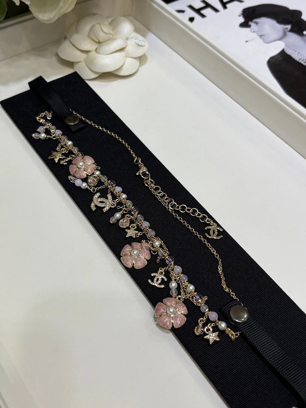CC 2026 Light Gold Double C Pink Flower Pearl Tassel Necklace