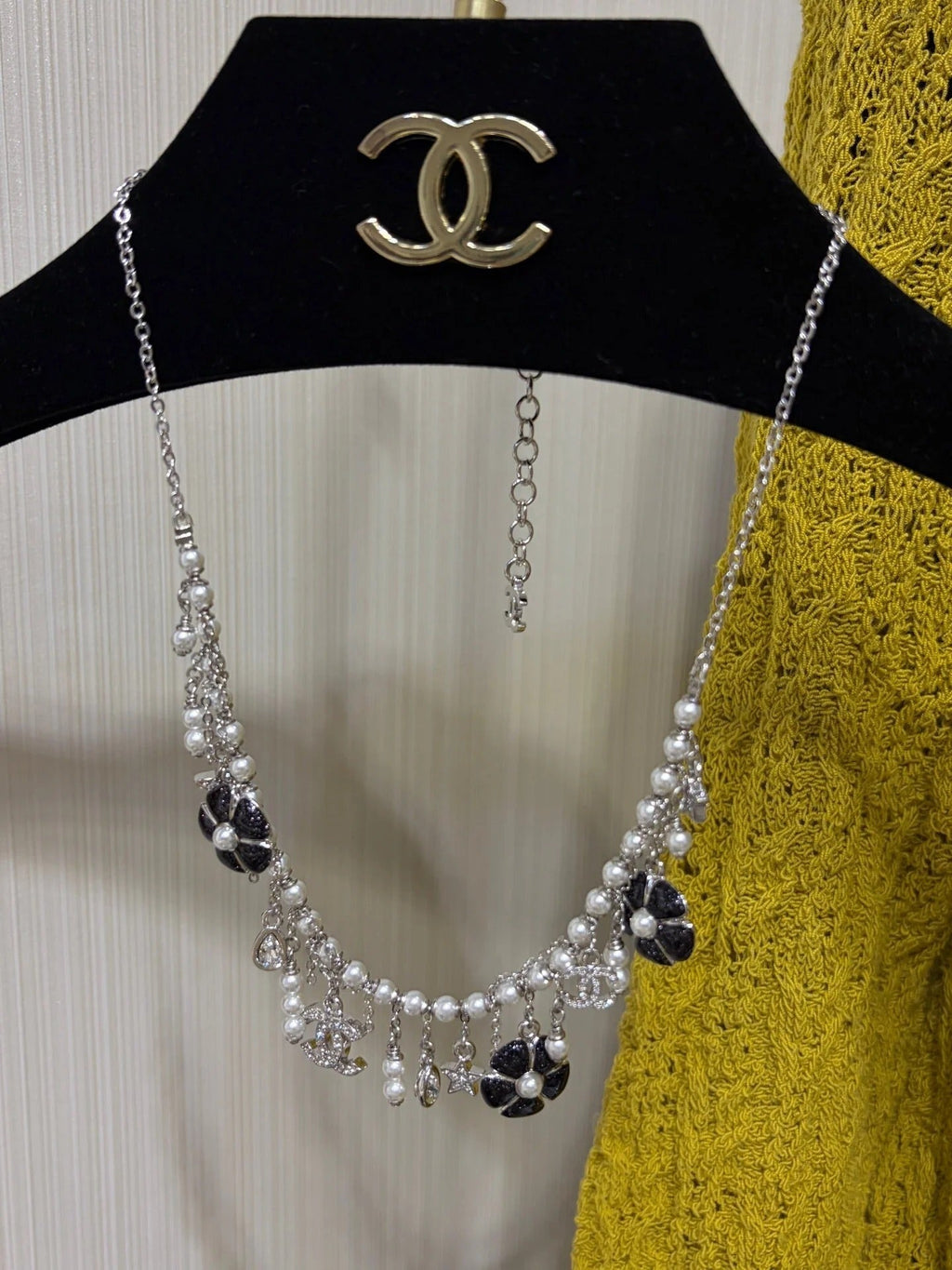 CC 2026 Silver Double C Black Flower Pearl Tassel Necklace