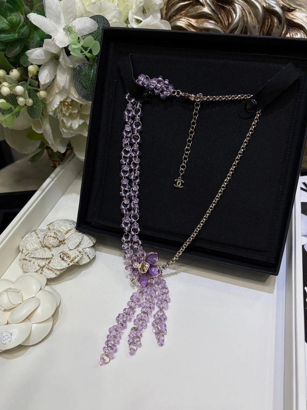 CC 2026 Double C Light Purple Beaded Asymmetrical Flower Necklace