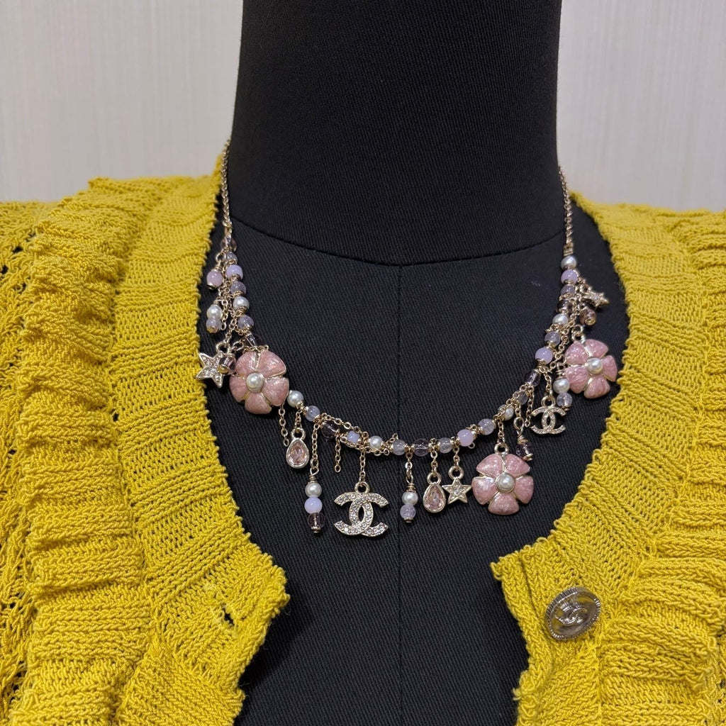 CC 2026 Light Gold Double C Pink Flower Pearl Tassel Necklace