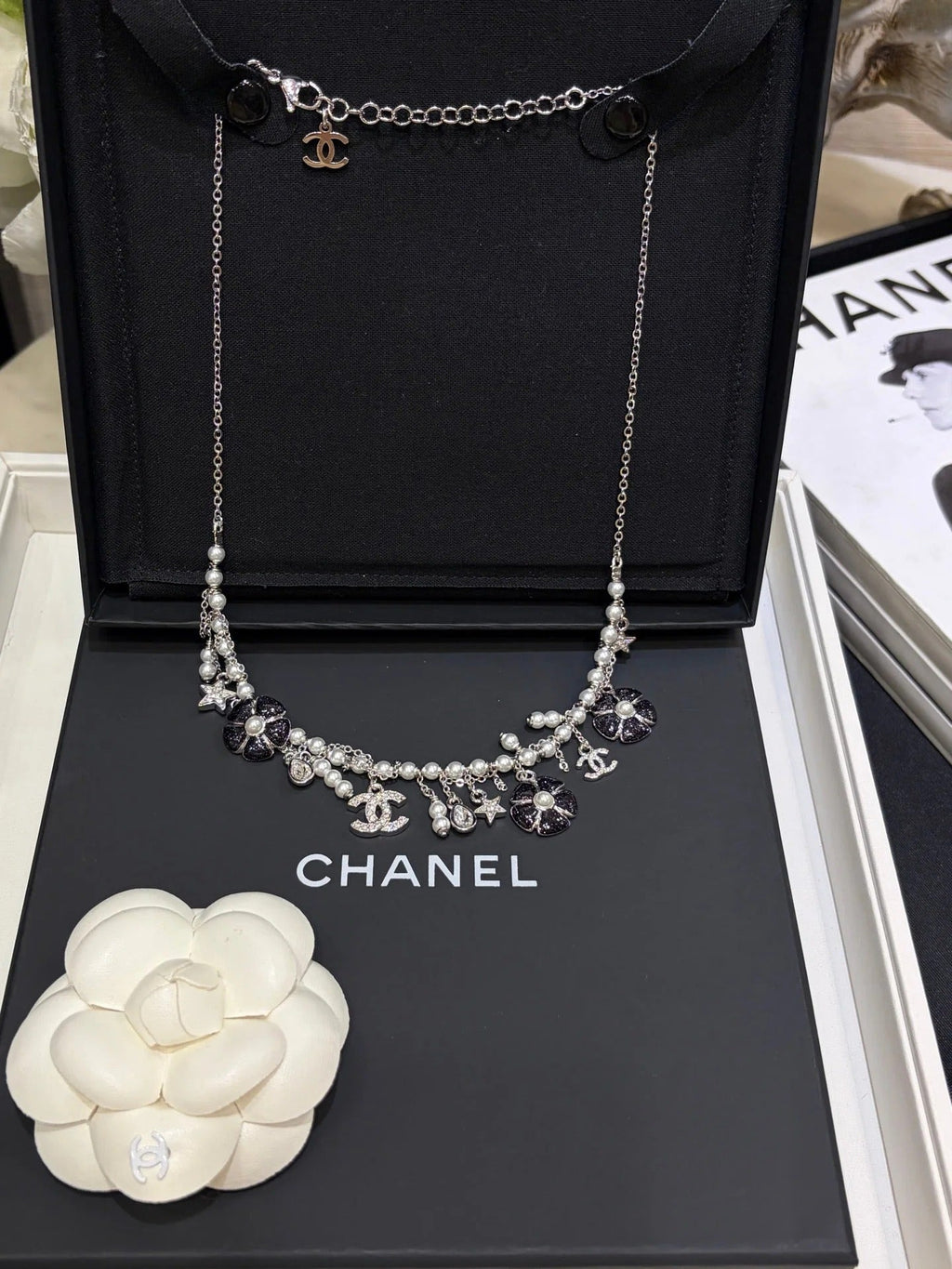CC 2026 Silver Double C Black Flower Pearl Tassel Necklace