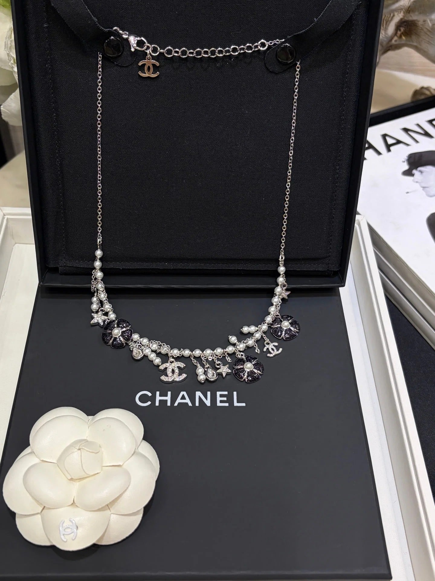 CC 2026 Silver Double C Black Flower Pearl Tassel Necklace
