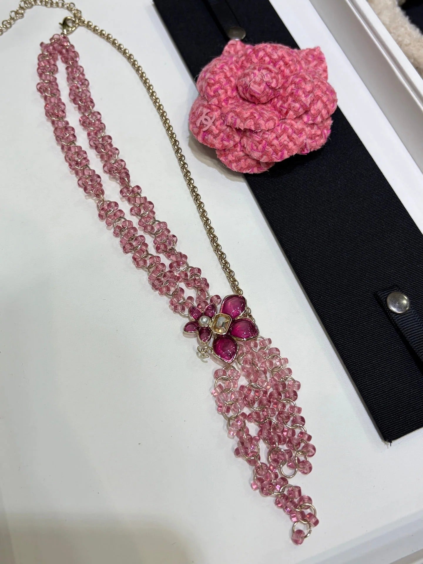 CC 2026 Double C Pink Beaded Asymmetrical Flower Necklace
