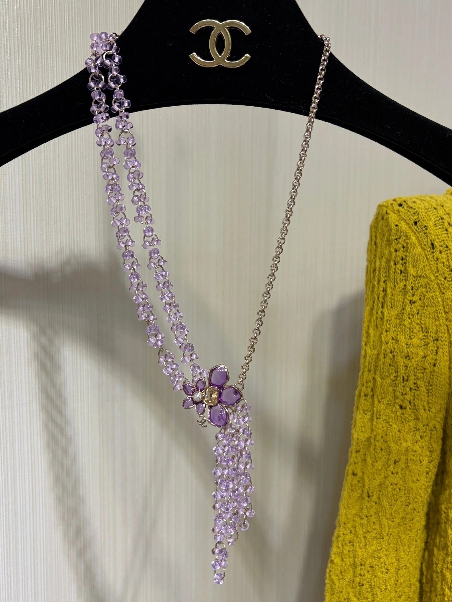 CC 2026 Double C Light Purple Beaded Asymmetrical Flower Necklace