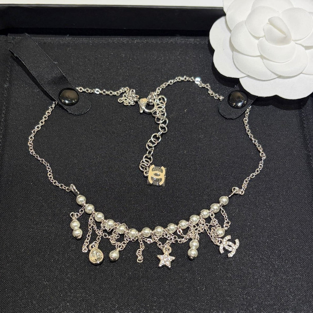 CC 2026 Silver Full Diamond Double C Star Teardrop Tassel Necklace